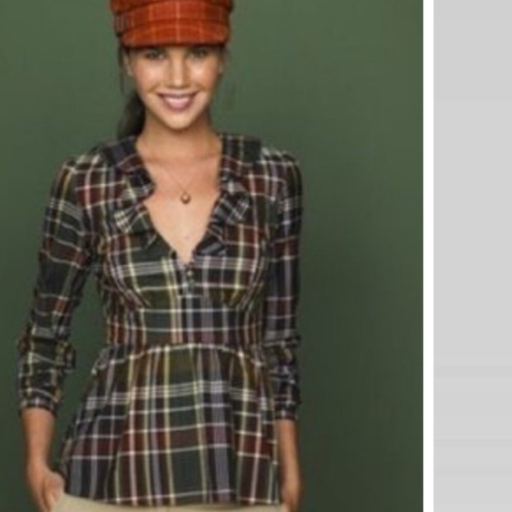 J. Crew Lia Plaid Ruffle Peplum Blouse Green Red 8